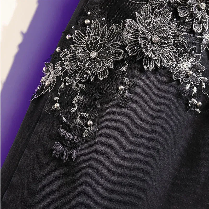 Denim Naiste Seelikud Rasketööstuse Pärlitest Lilled Jean Seelik Naine Korea Fashion Kõrge Vöökoht Mi-Pikk Denim Seelikud Elegantne Daam Pilt 5