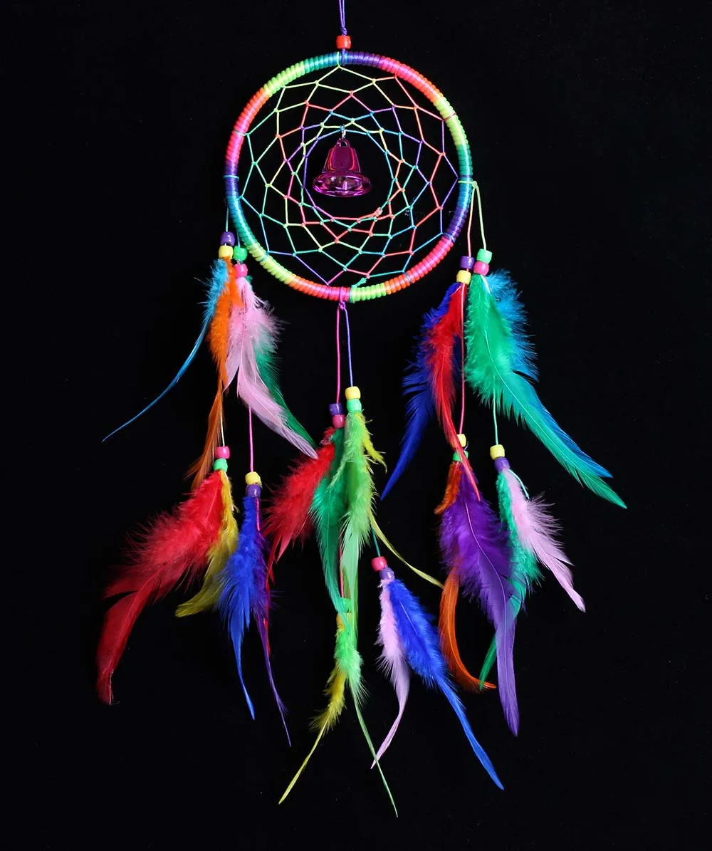 mitmevärviline Dream Catcher Net üks ring rainbow värvi värvilised helmed bell ja Sulgedest ripats kaunistamiseks Pilt 0