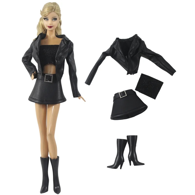 Mustad riided set / nahk mantel + top + seelik + saapad / riided sügisel kanda komplekt 30cm Xinyi FR ST Barbie Nukk / tüdruk mänguasi Pilt 0