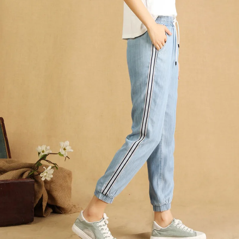 ELASTNE kõrge vöökoht suvel teksad naistele, pluss suurus 3XL korea ülepaisutatud teksad naine lahtised pikad püksid fashion sinine pant 2019 Pilt 3