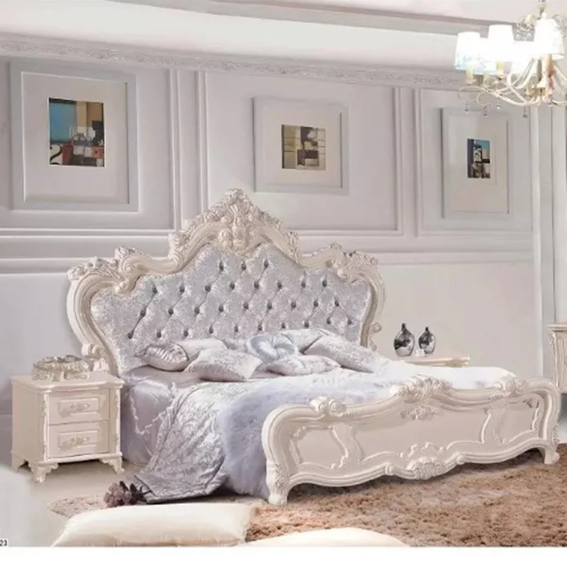 tänapäeva euroopa täispuidust voodi Mood Nikerdatud nahast prantsuse magamistoa mööbli komplekt king size HC0033 Pilt 0